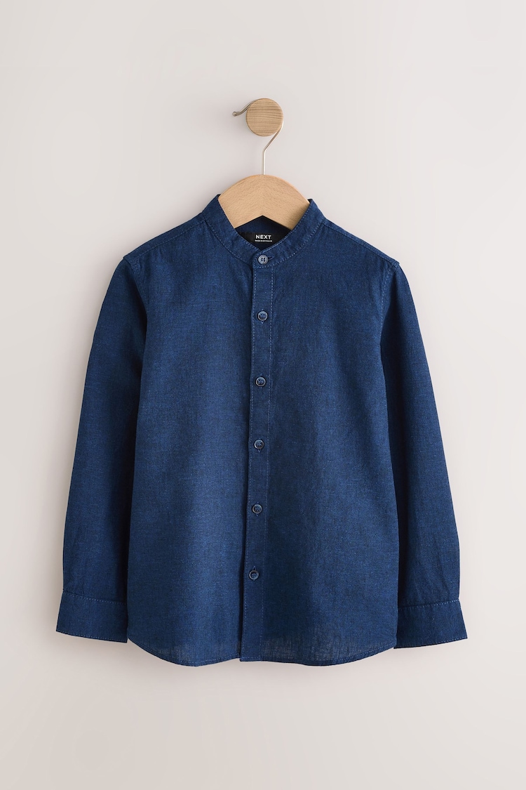 Indigo Blue Grandad Collar Linen Mix Long Sleeve Shirt (3-16yrs) - Image 1 of 1