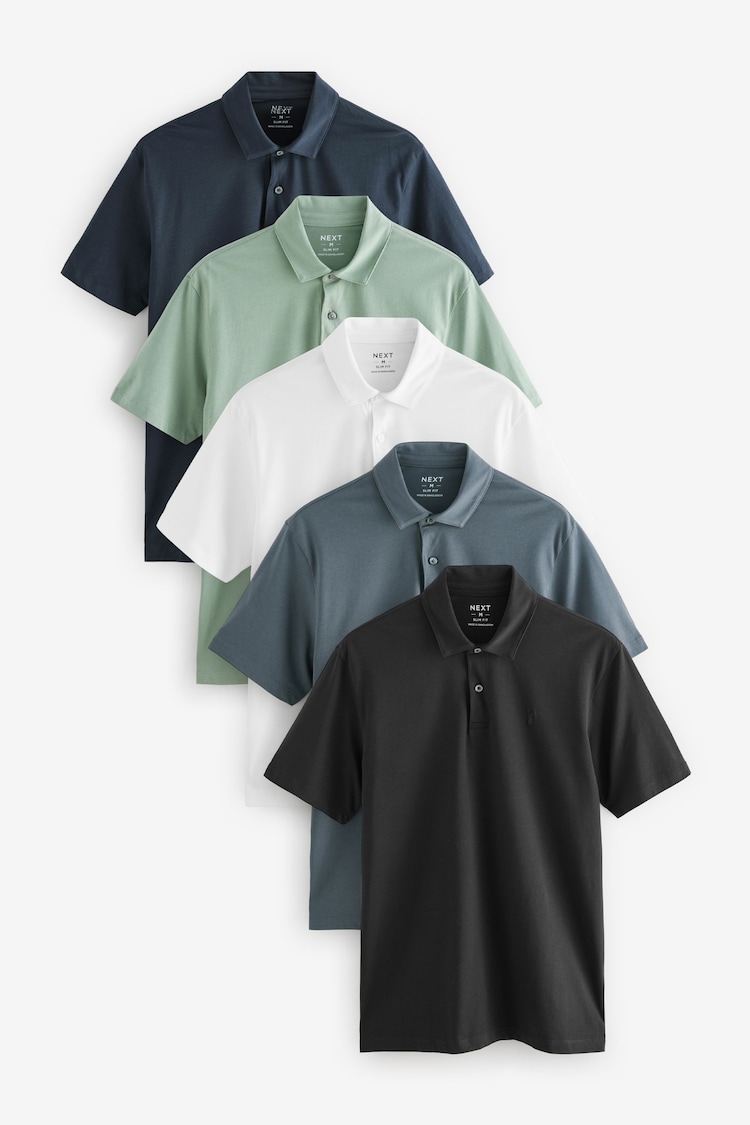 Bleu marine/Noir/Grey/Blanc/Vert sauge Vert - Slim Fit (Slim Fit) - Polo en jersey Manches courtes 5 Pack - Image 1 of 1