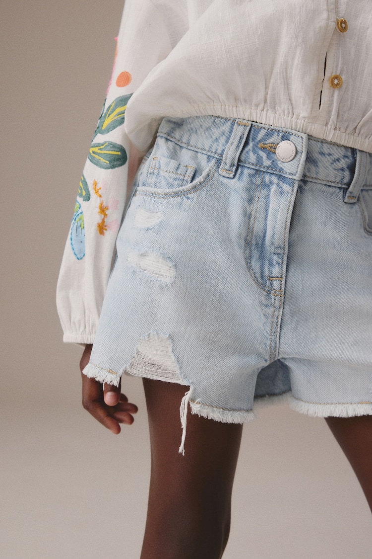 Light Blue 100% Cotton Frayed Edge Distressed Shorts (3-16yrs) - Image 1 of 1