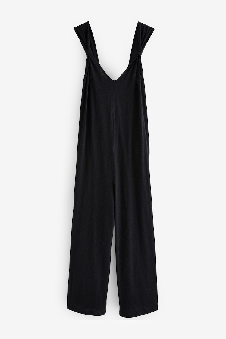 Black 100% Cotton Jersey Wide Leg V-Neck Jumpsuit - Image 1 of 1