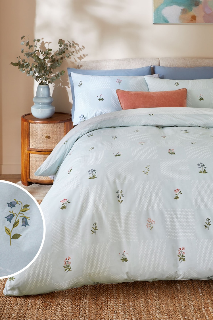 Light Blue Floral 100% Cotton Reversible Printed Duvet Cover and Pillowcase Set - Image 1 of 1
