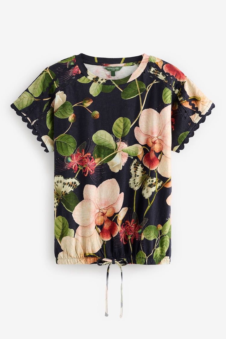 Kew – Marineblau/Rosa mit Blumenmuster - Kurzarm-T-Shirt mit Ballonsaum aus 100 % Baumwolle - Image 1 of 1
