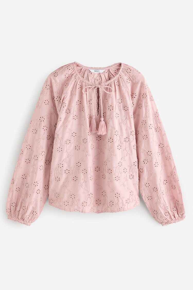 Rose Pink Textured Floral Cornelli Embroidered Long Sleeve 100% Cotton Boho Blouse - Image 1 of 1