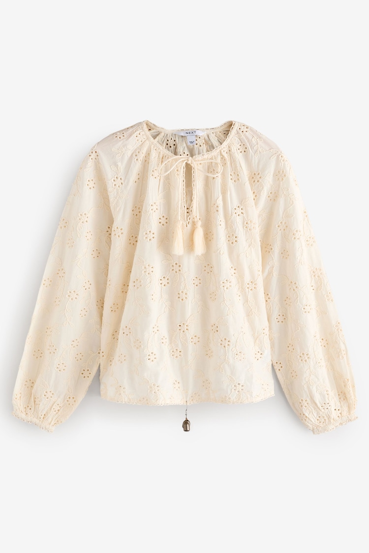 Cream Textured Floral Cornelli Embroidered Long Sleeve 100% Cotton Boho Blouse - Image 1 of 1