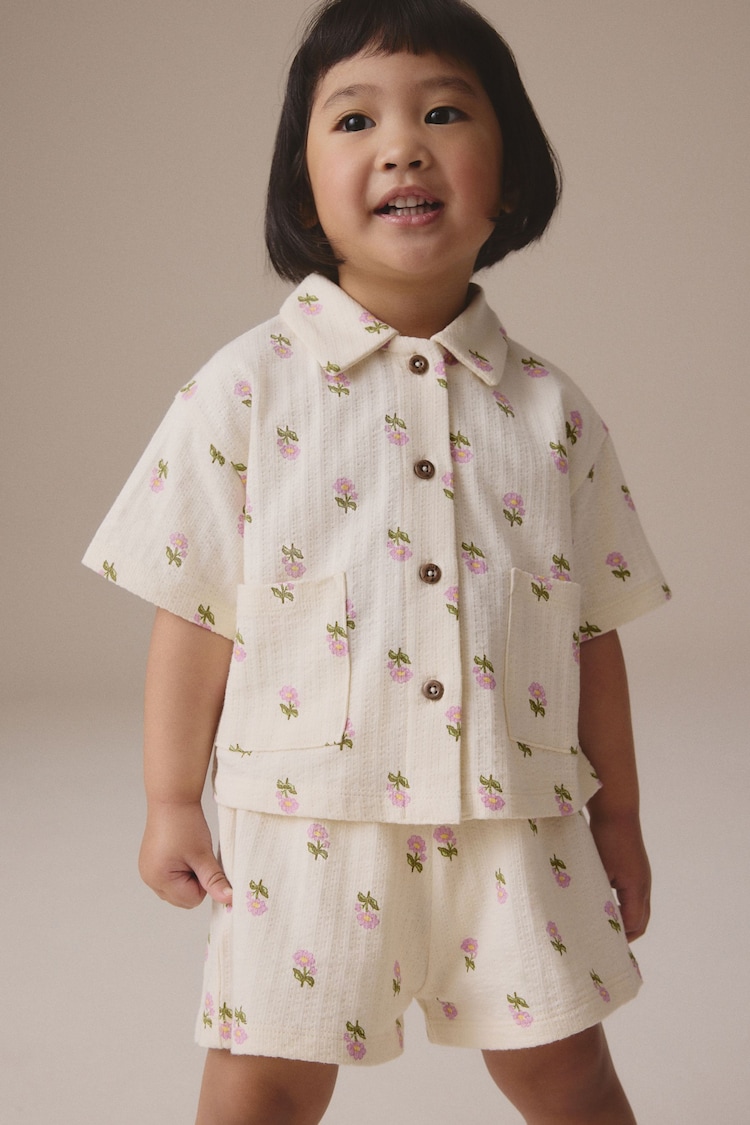 Pink/Cream Flower 100% Cotton Short Sleve Shirt and Shorts Set (3mths-7yrs) - Image 1 of 1