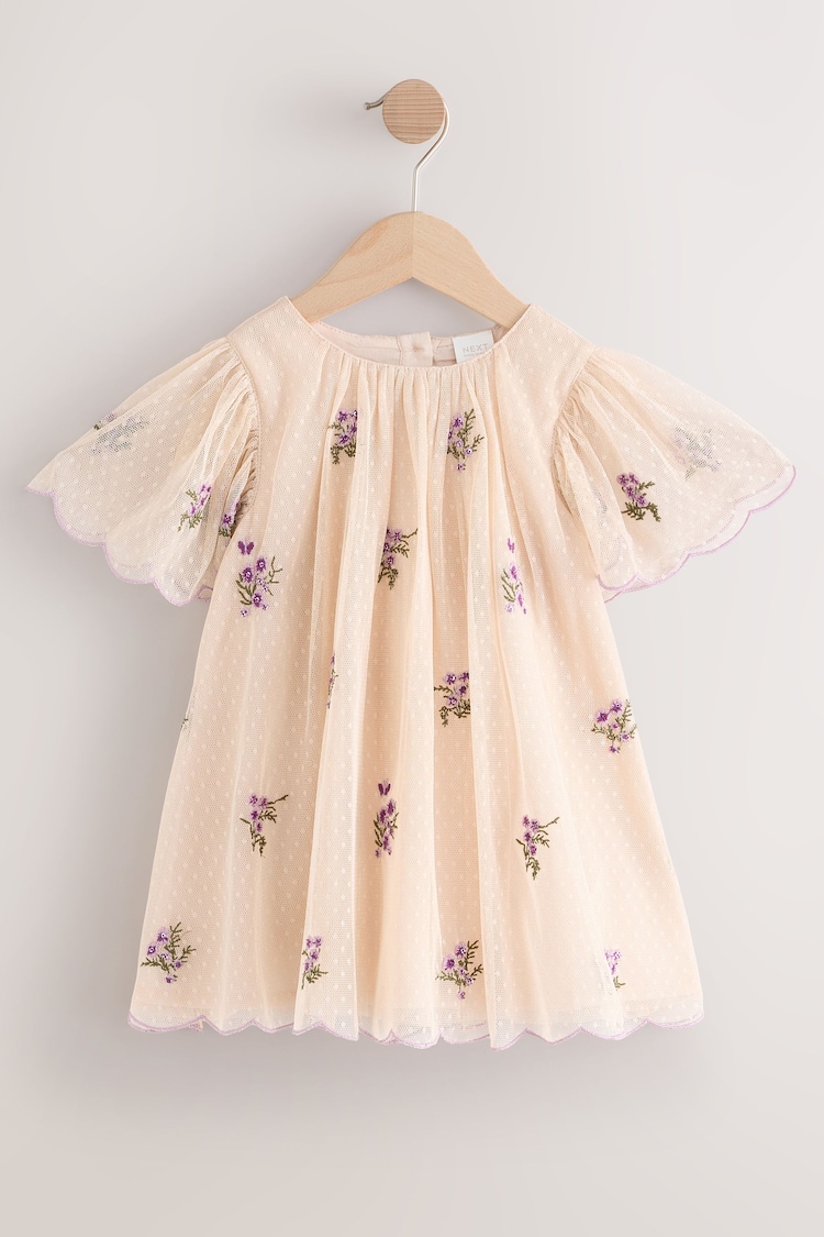 Neutral Short Sleeve Mesh Embellished Dress (3mths-7yrs) - Image 1 of 1