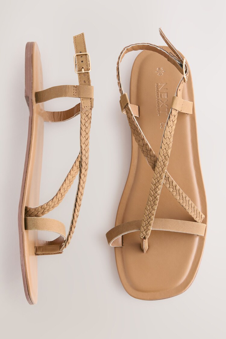 Tan Brown Leather Standard/Wide Fit Forever Comfort® Plait Strappy Toe Thong - Image 1 of 1