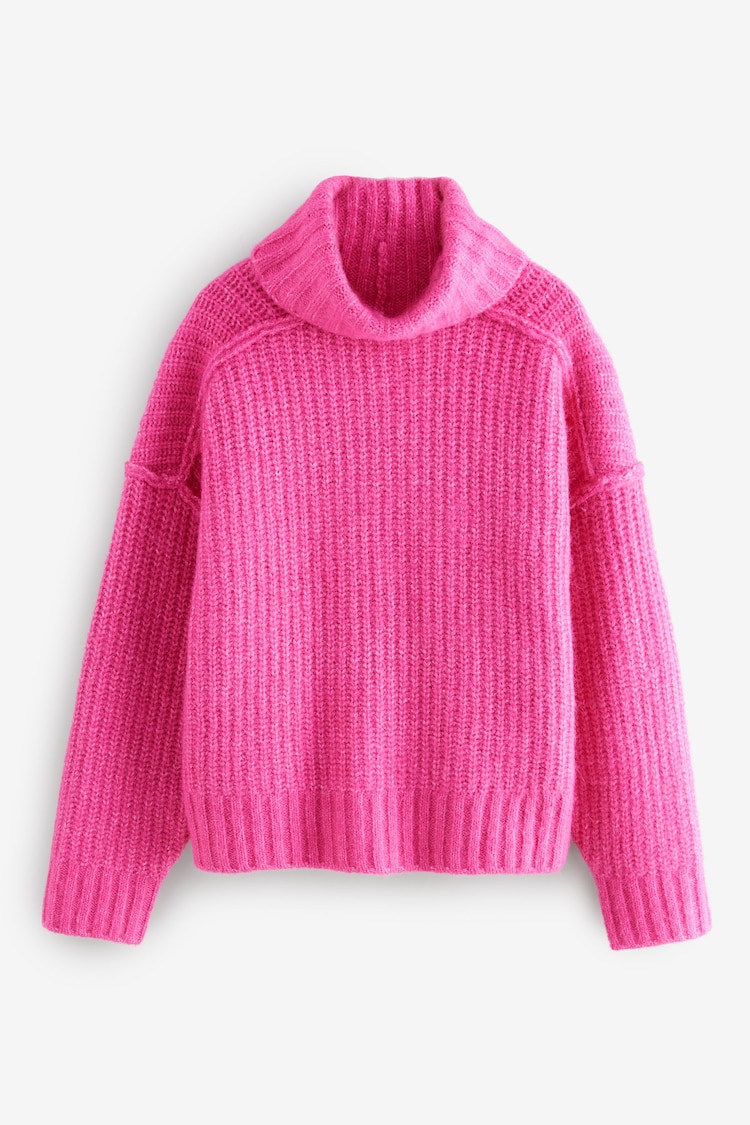 Pink Chunky Rib High Roll Neck Knitted Jumper with Alpaca - Image 1 of 1