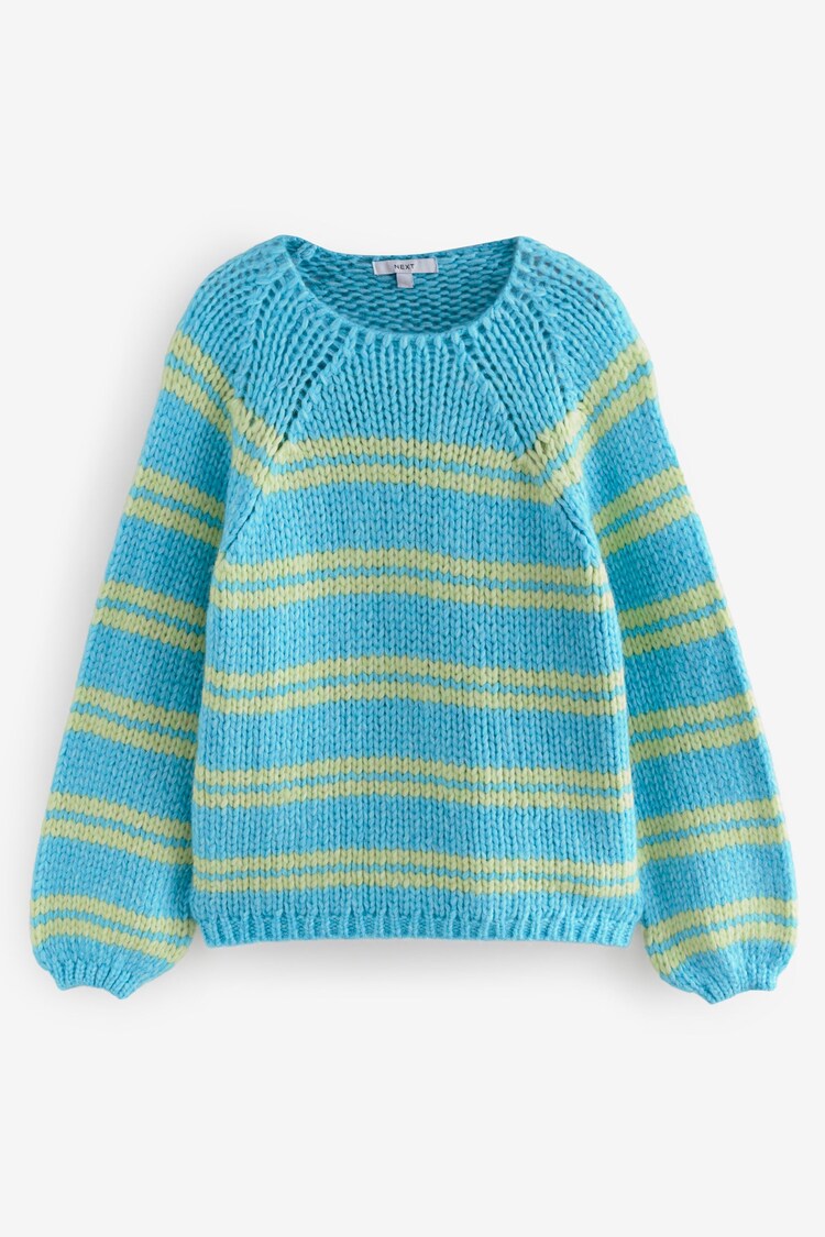 Blue Green Stripe Oversized Soft Touch Scoop Neck Chunky Knitted Jumper - Image 1 of 1