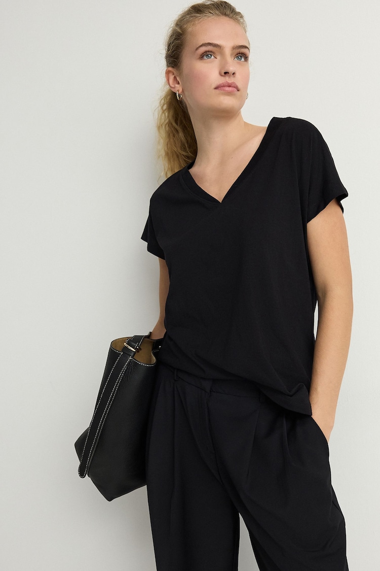 Black V-Neck Cap Sleeve T-Shirt - Image 1 of 1