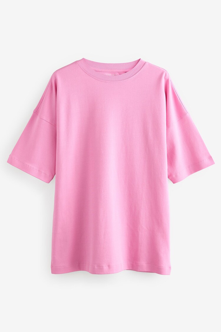 Bright Pink 100% Cotton Relaxed Fit Heavyweight Longline Crew Neck T-Shirt - Image 1 of 1