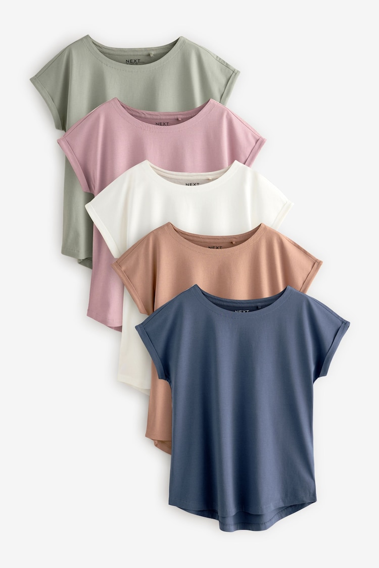 Ecru/Taupe/Brown/Blue/Yellow Cap Sleeve T-Shirts 5 Pack - Image 1 of 1