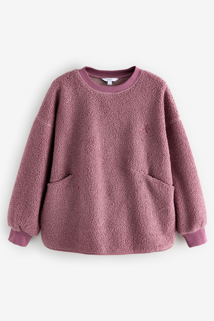 Blush Pink Floral Graphic Print Relaxed Fit Teddy Borg Fleece Cord Back Longline Crew Neck Sweatshirt - Image 1 of 1