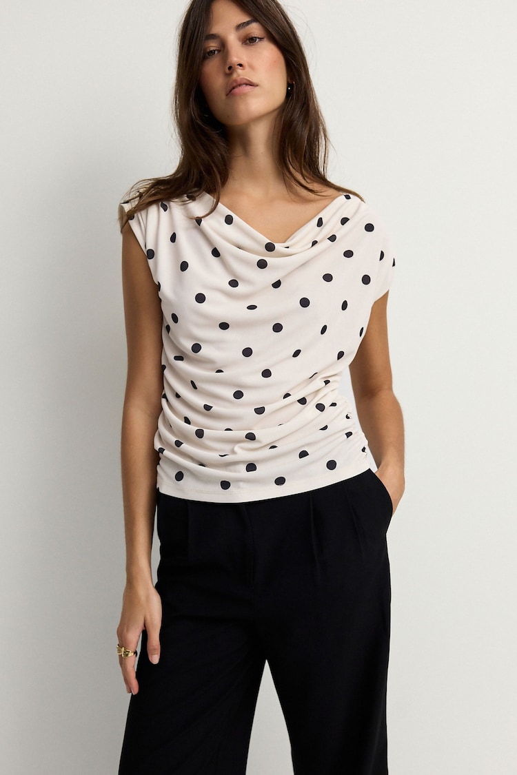 Ecru/Black Polka Dot Sleeveless Drape Top - Image 1 of 1