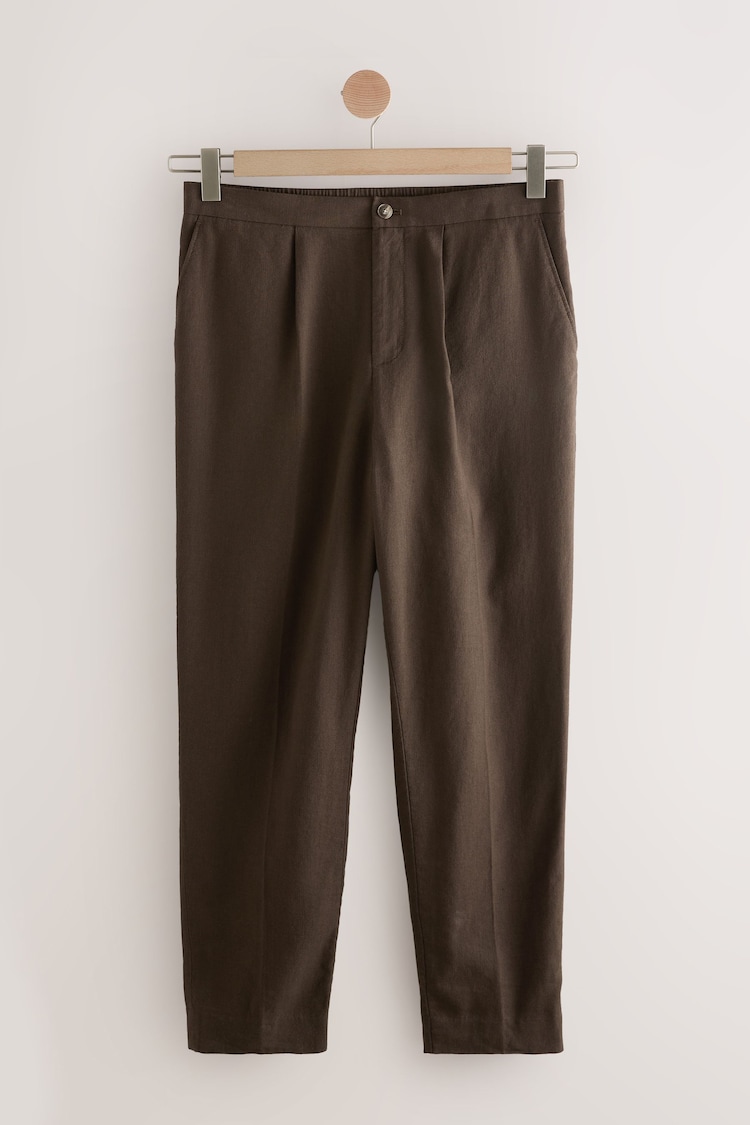 Marrón - Regular Fit Cotton Linen Blend Elasticated Back Trousers - Imagen 1 de 1