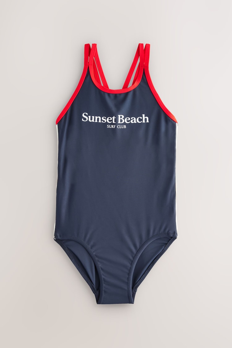 Navy Slogan Double Strap Swimsuit (3-16yrs) - Image 1 of 1