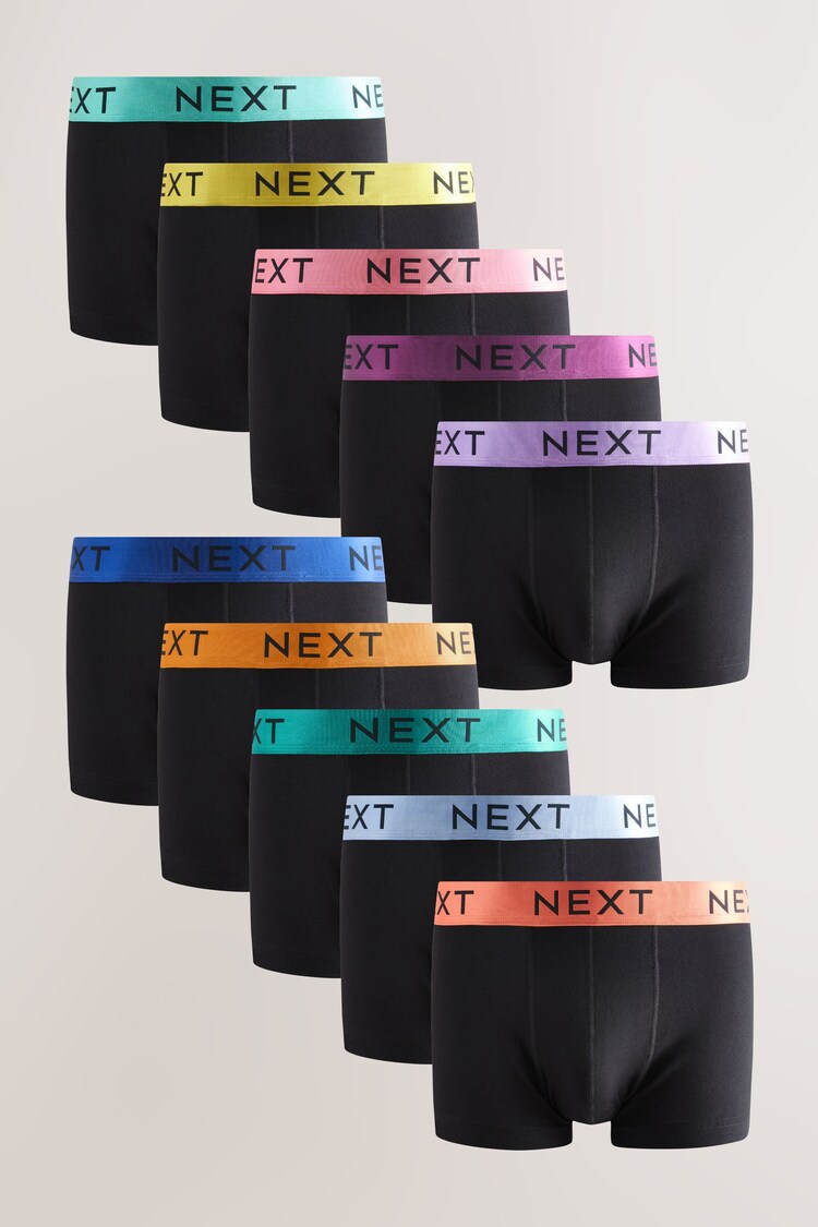 Black Shiny Colour Waistbands 10 pack Cotton Rich Blend Hipsters Boxers - Image 1 of 1
