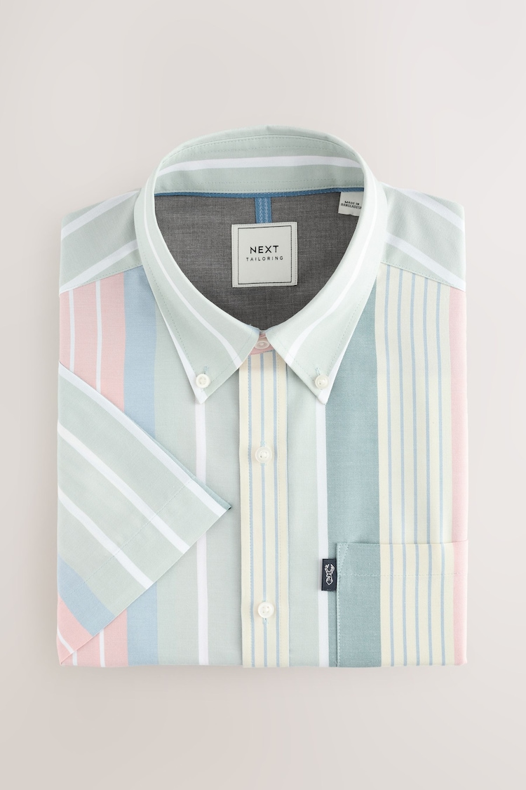 Blue/Pink/Green Pastel Short Sleeve With Button Down Collar Stripe Easy Iron Oxford Shirt - Image 1 of 1