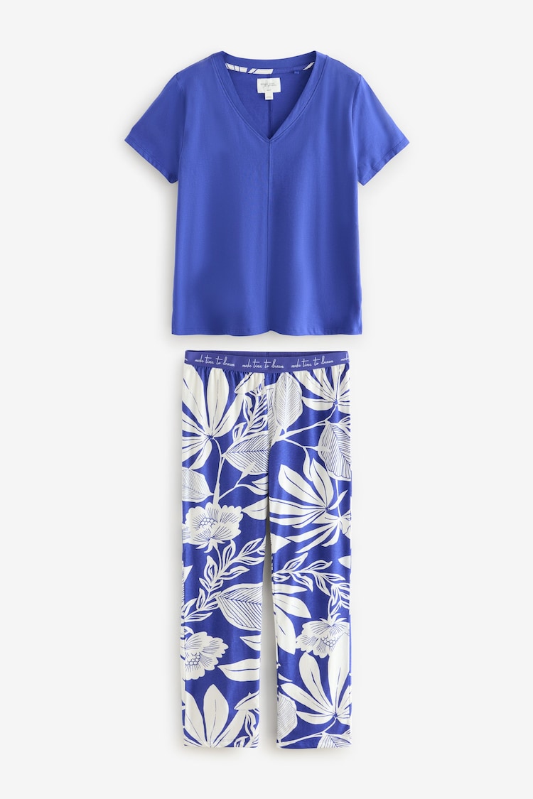 Cobalt Blue Leaf 100% Cotton Short Sleeve Pyjamas - Image 1 of 1