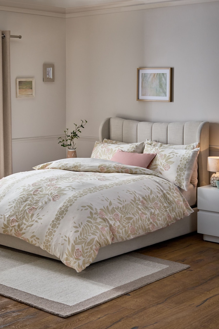 Natural/Green Floral 100% Cotton Jacquard Duvet Cover and Pillowcase Set - Image 1 of 1