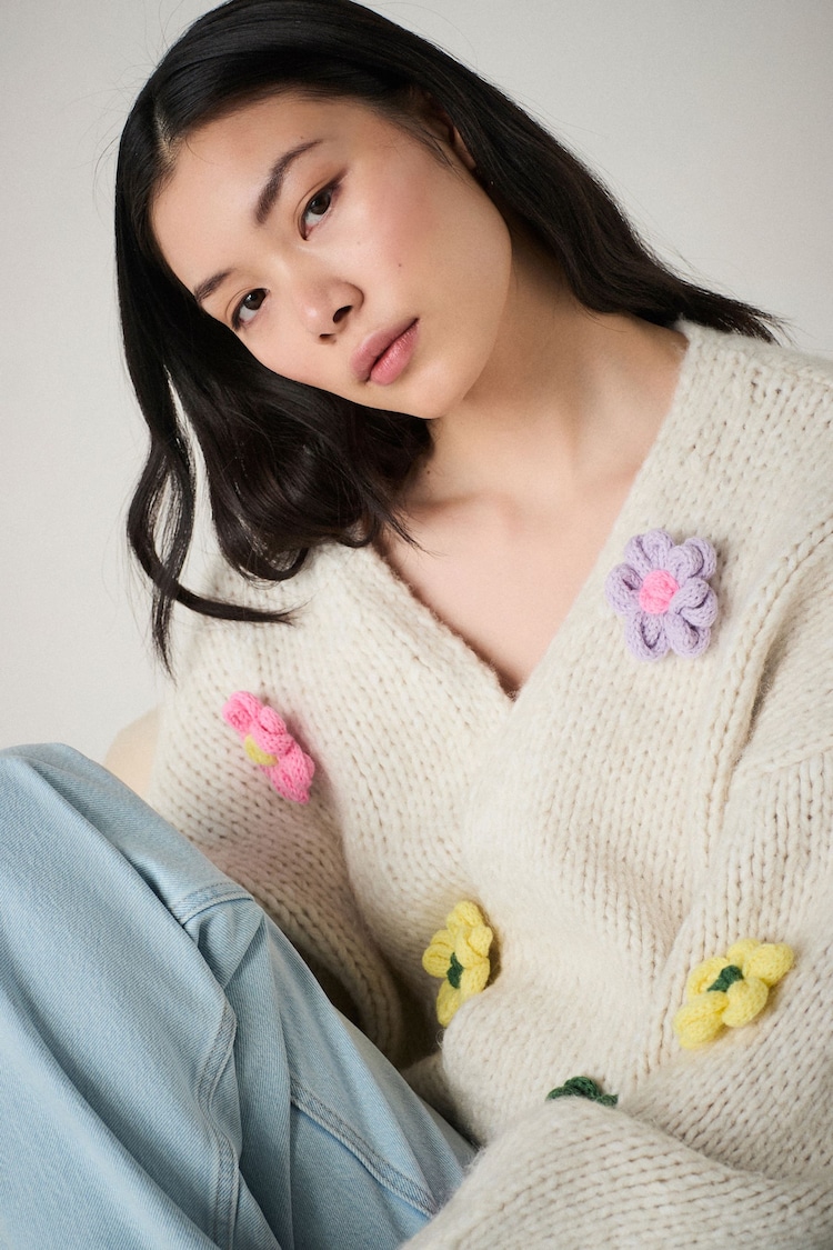 White Ecru Floral Soft Touch Fuzzy Knitted Cardigan - Image 1 of 1