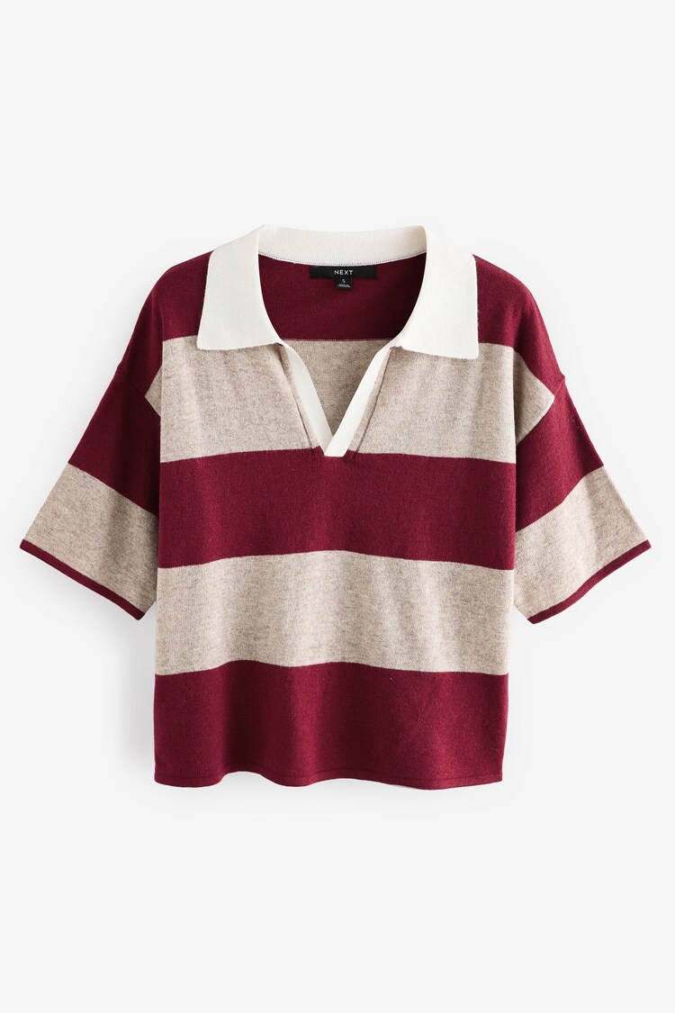 Red Stripe Short Sleeve V-Neck Polo Collar Knitted Jumper With Wool - Image 1 of 1