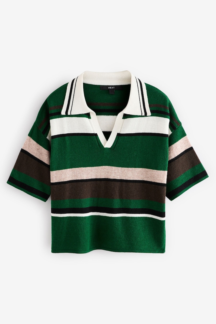 Green Stripe Short Sleeve V-Neck Polo Collar Knitted Jumper With Wool - Image 1 of 1
