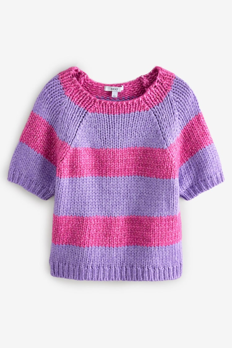Pink Purple Stripe Striped Chunky Short Sleeve Knitted Top - Image 1 of 1