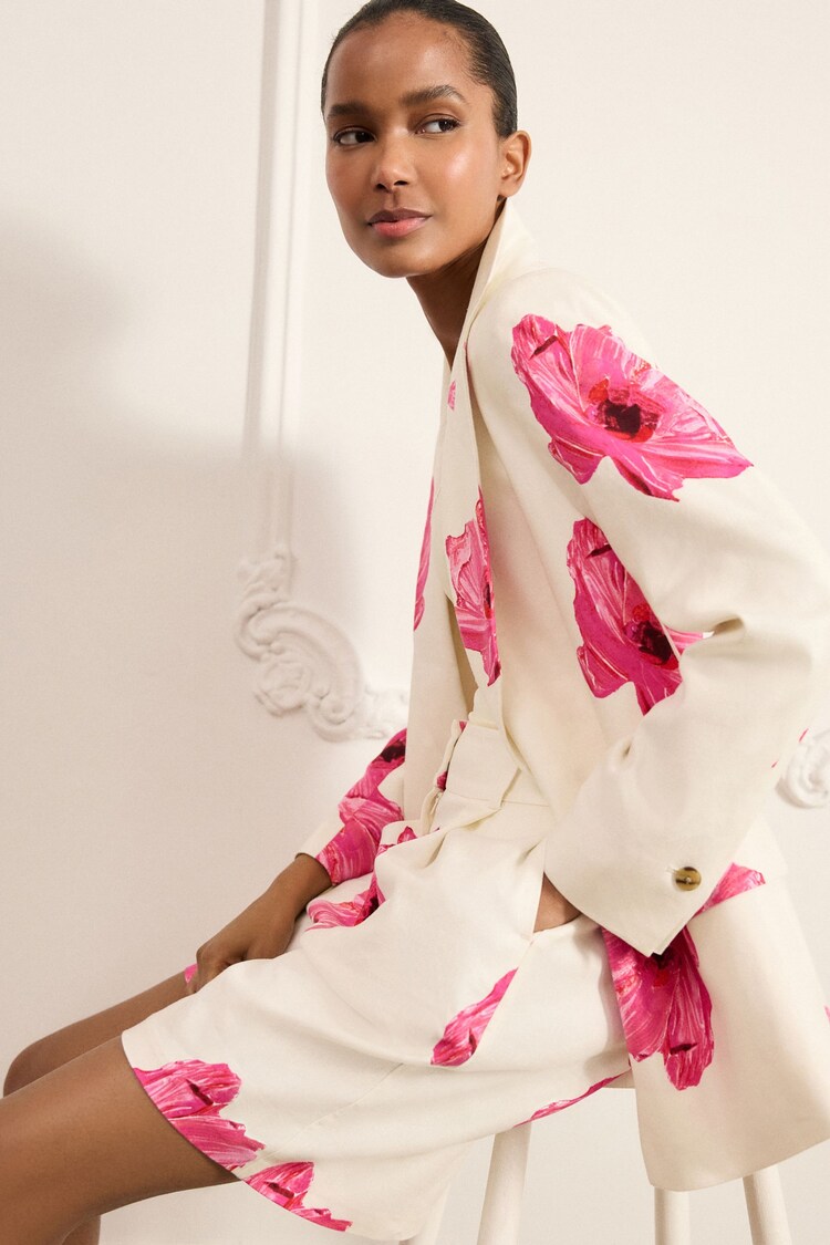 Ecru/Pink Floral Printed Blazer with Linen - Image 1 of 1