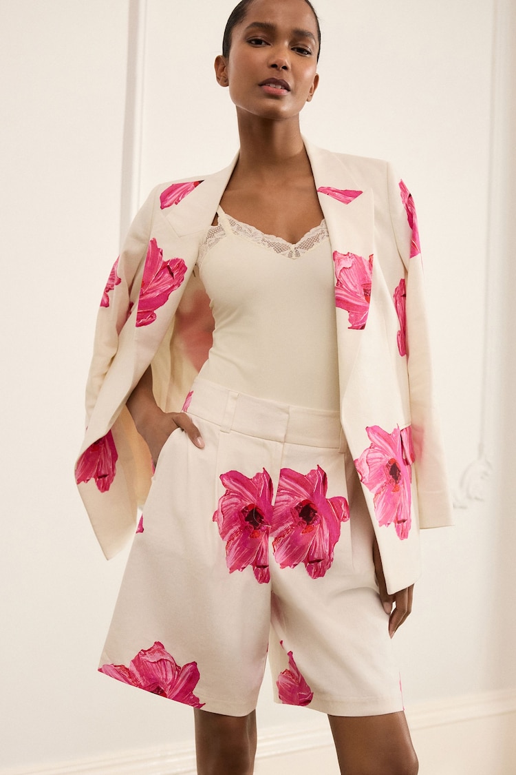 Ecru/Pink Floral Tailored Shorts with Linen - Image 1 of 1