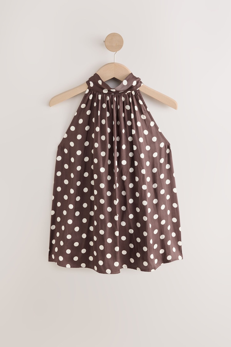 Braun - Halter-Top aus glänzendem Satin mit Punkten - Bild 1 von 1