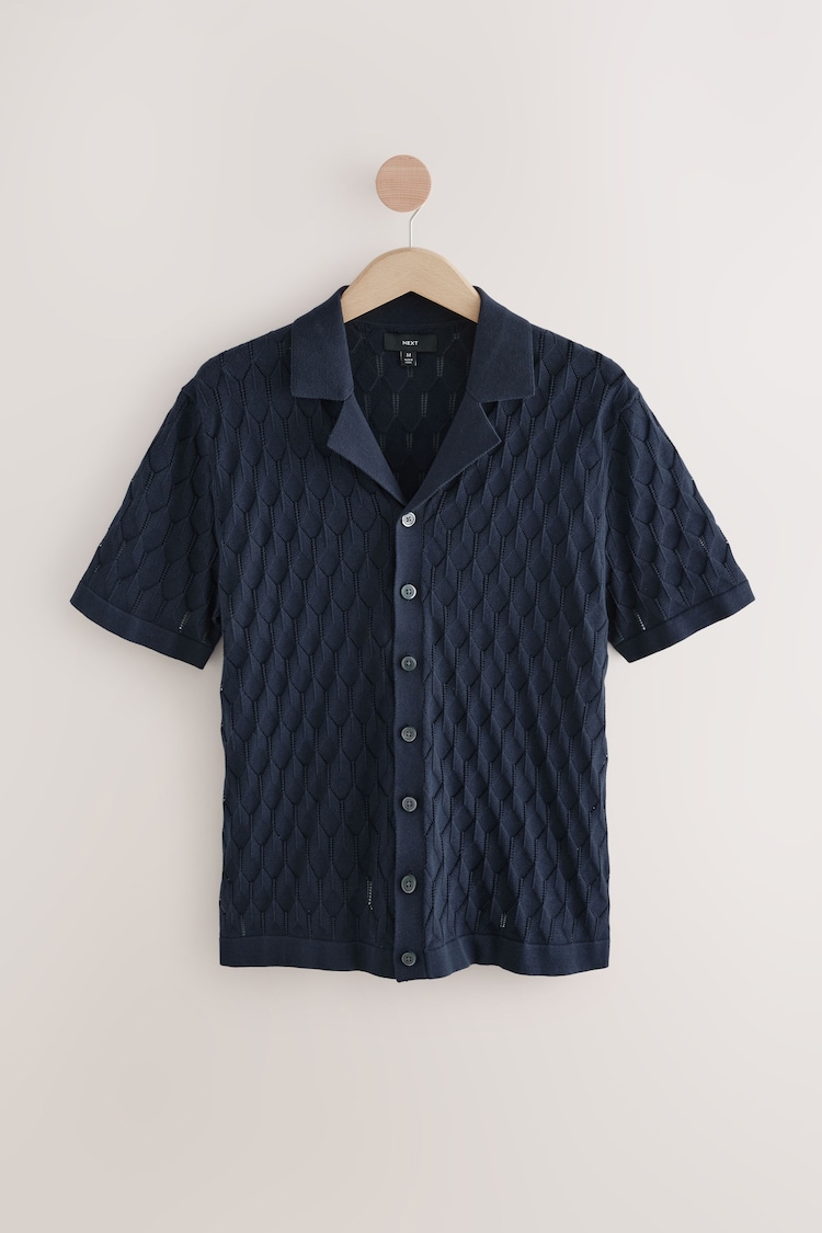 Navy Blue Regular Fit 100% Cotton Short Sleeve Cuban Collar Knit Pointelle Shirt - Image 1 of 1