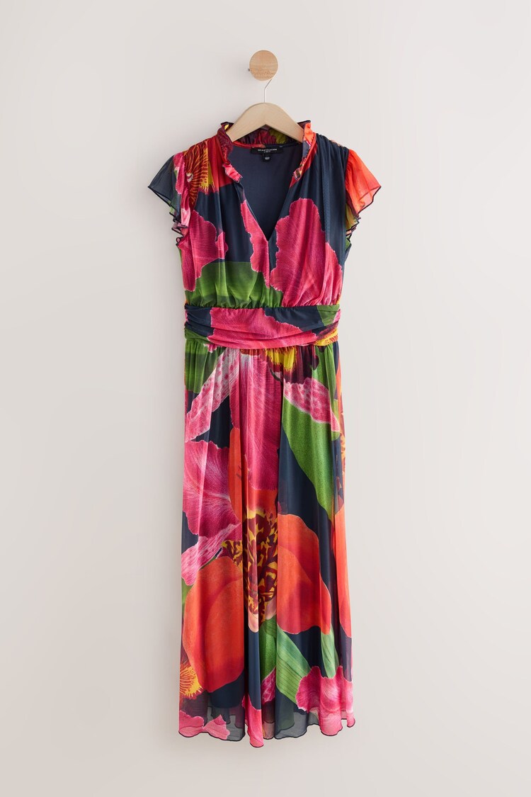 Navy Floral Pleated Mesh Print V-Neck Occasion Midi Dress - Image 1 of 1