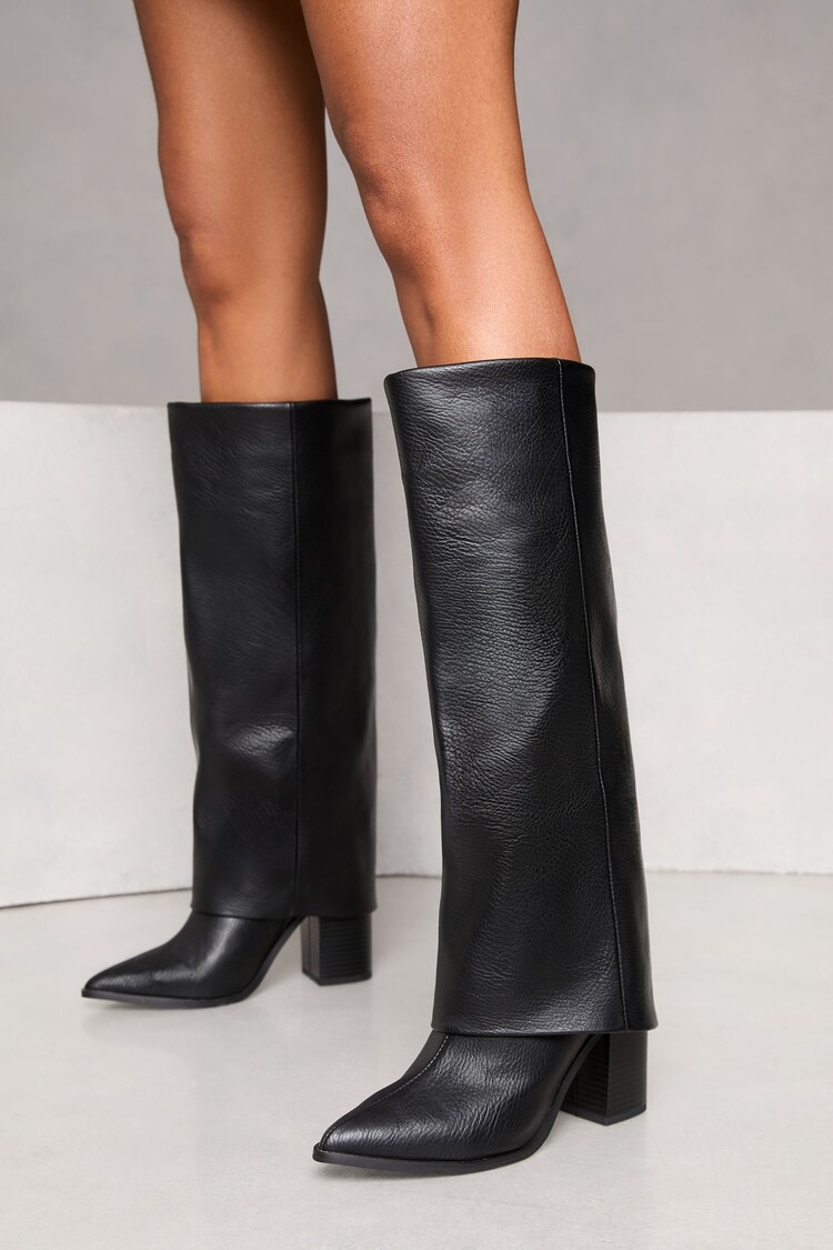 Lipsy Black Block Heel High Leg Fold Over Faux Leather Boots - Image 1 of 1