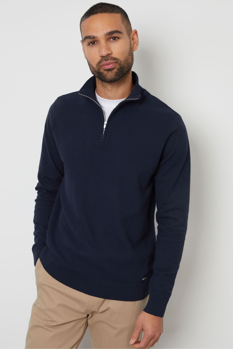 Threadbare Navy Basket Stitch Mock T-Shirt Quarter Zip Jumper - Image 1 of 1