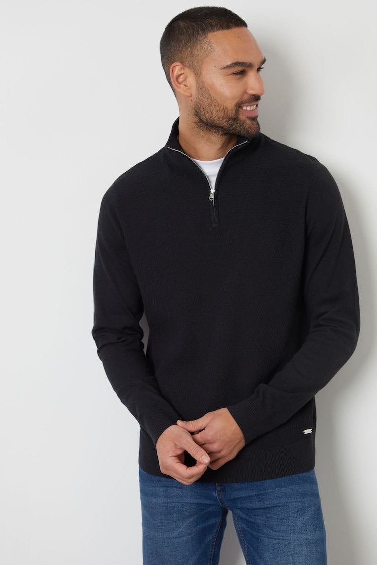 Threadbare Black Basket Stitch Mock T-Shirt Quarter Zip Jumper - Image 1 of 1