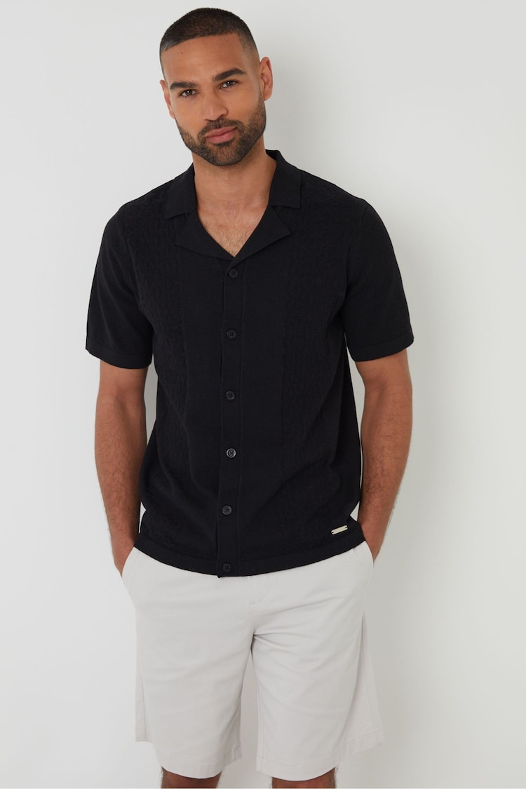 Threadbare Black Textured Panel Revere Collar Knitted Shirt - Image 1 of 1