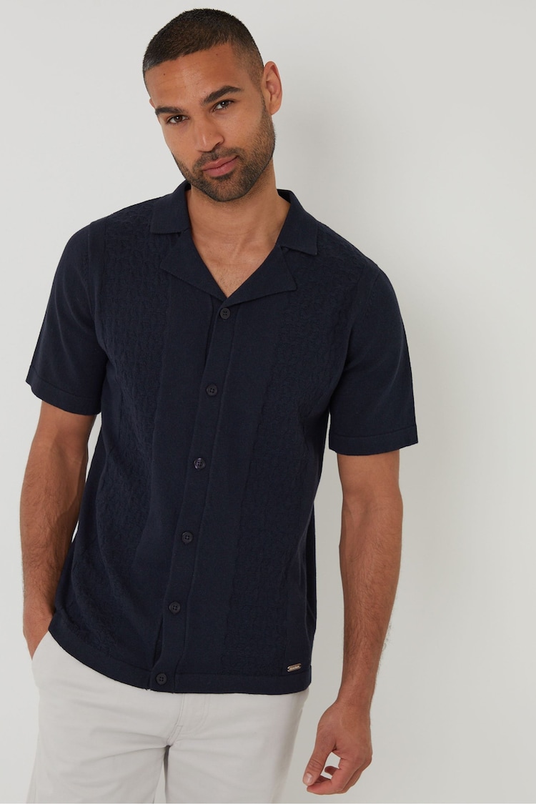Threadbare Blue Textured Panel Revere Collar Knitted Shirt - Image 1 of 1