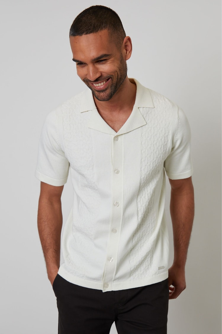 Threadbare Cream Textured Panel Revere Collar Knitted Shirt - Image 1 of 1