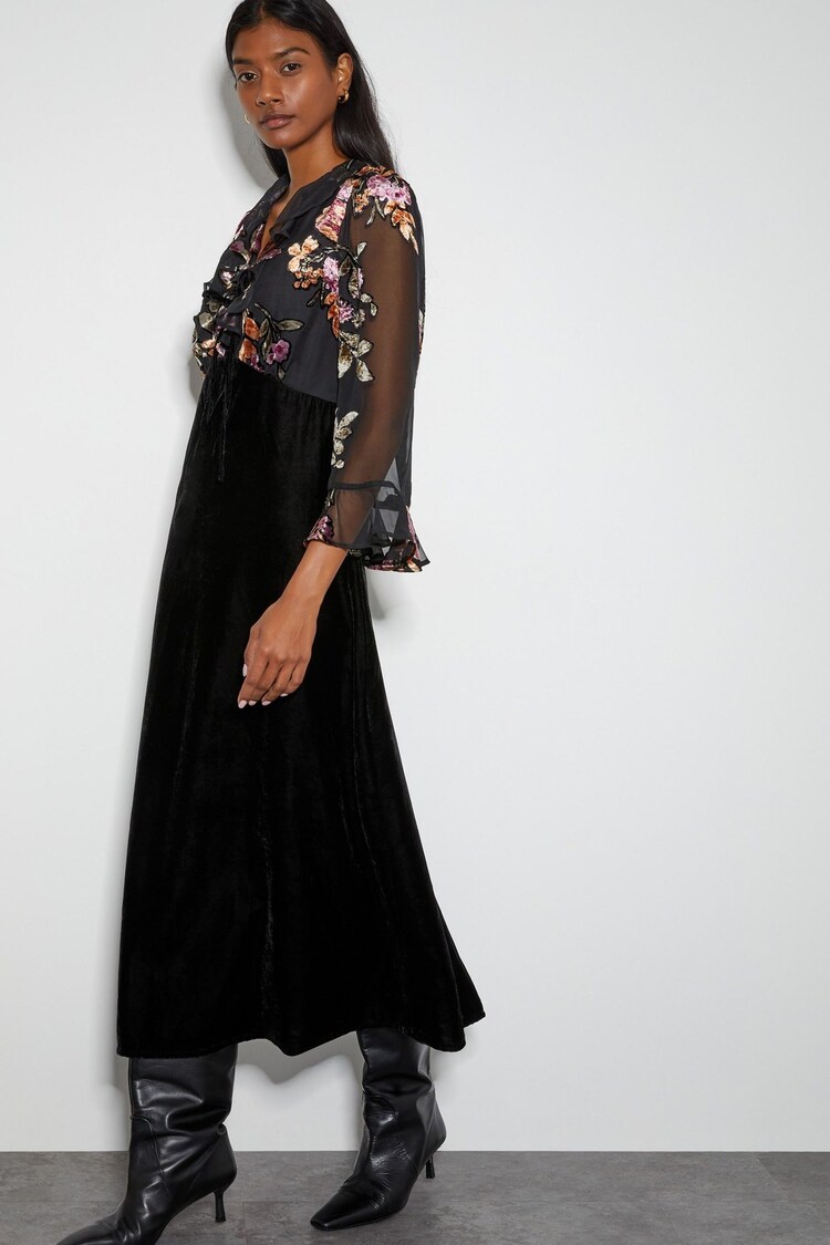 Monsoon Black Ariella Floral Devore Velvet Midi Dress - Image 1 of 1