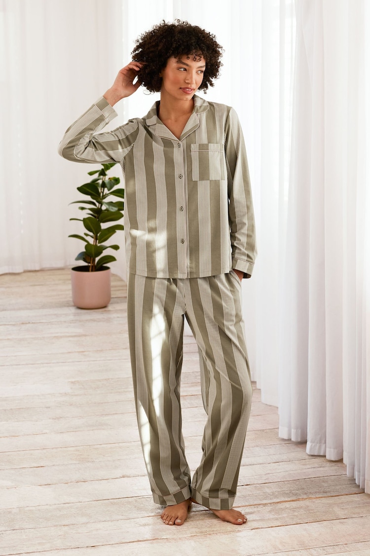 Chelsea Peers Green Organic Cotton Stripe Button Up Pyjamas Set - Image 1 of 1