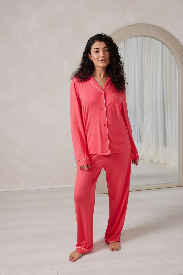 Chelsea Peers Pink/Red TENCEL™ Modal Long Button Up Pyjamas Set - Image 1 of 1
