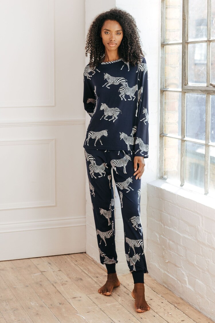 Chelsea Peers Blue Navy Zebra Classic Pyjamas Set - Image 1 of 1