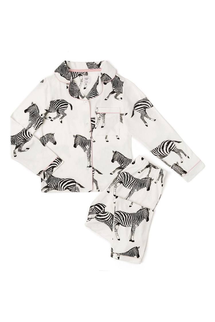 Chelsea Peers White Kids Zebra Print Revere Collar Button Up Long Pyjamas Set - Image 1 of 1