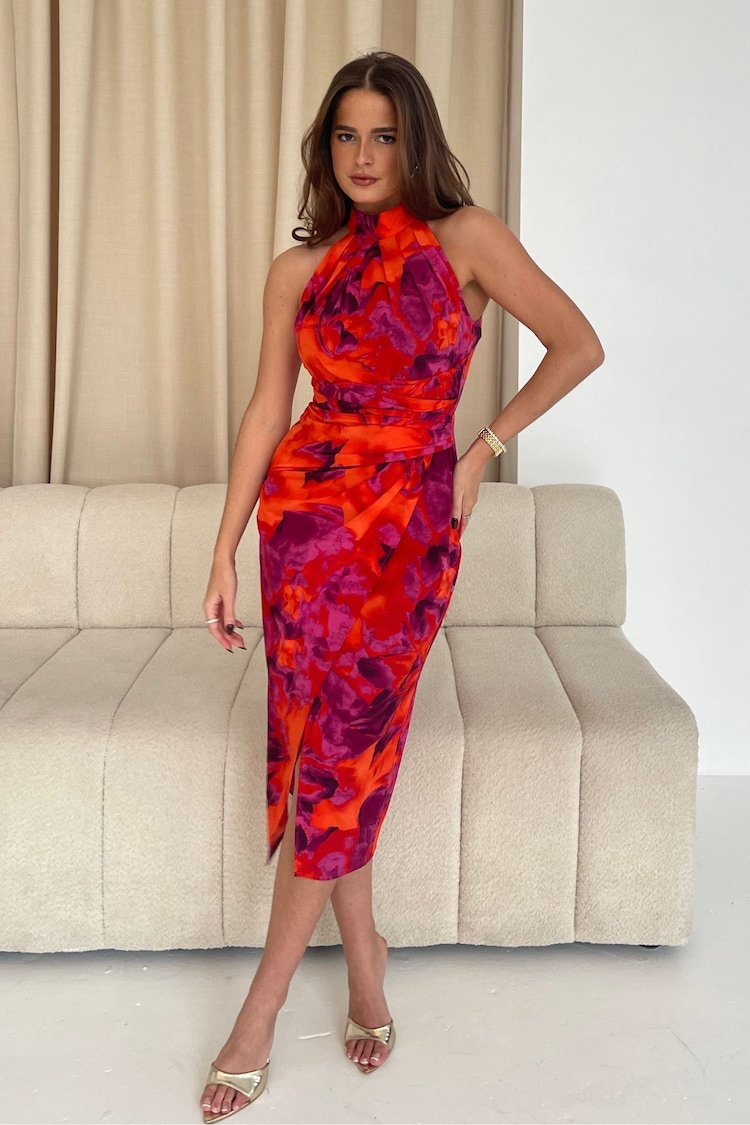 Girl In Mind Orange Alessia Halter Neck Midi Dress - Image 1 of 1