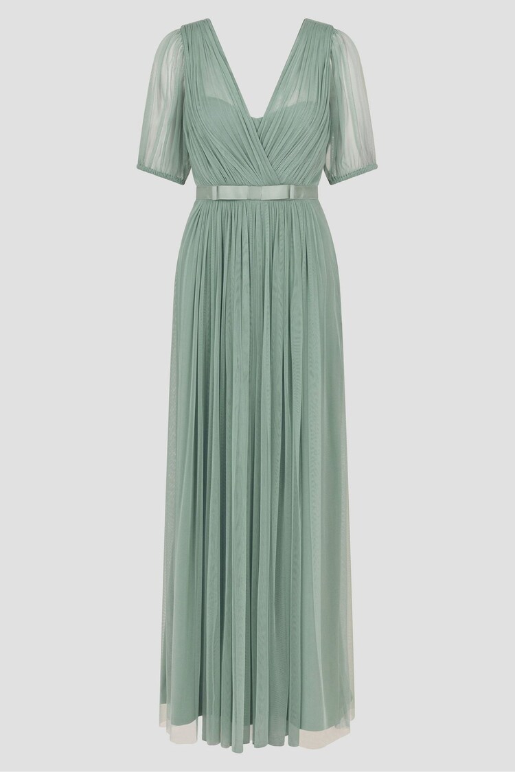 Monsoon Green Ellie Sheer Sleeve Plunge Tulle Maxi Dress - Image 1 of 1