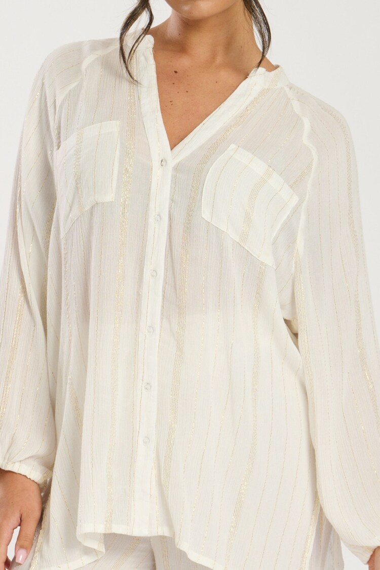 South Beach Metallic Stripe Balloon Sleeve Beach Shirt - Image 1 of 1