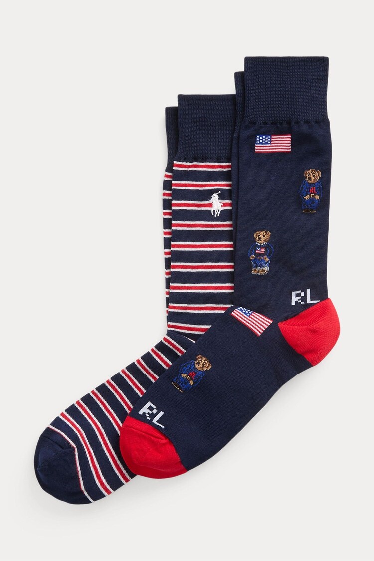 Polo Ralph Lauren Multi 100% Cotton Stripe Polo Bear Flag Crew Socks 2 Pack - Image 1 of 1