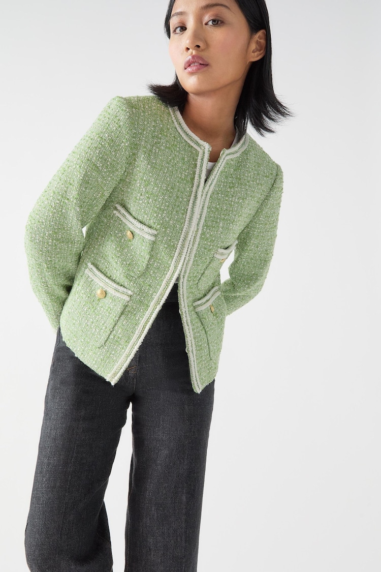 LK Bennett Green Petite Charlie Treetop & Birch Cotton Blend Tweed And Trim Jacket - Image 1 of 1