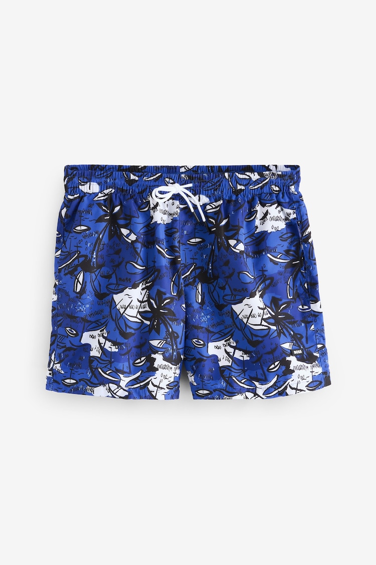 BOSS Blue & White Piranha Printed Swim Shorts - Image 1 of 1